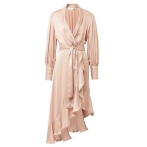 NWT Zimmermann ruffled long sleeve 100% silk wrap midi dress petal pink 2 (M/8)